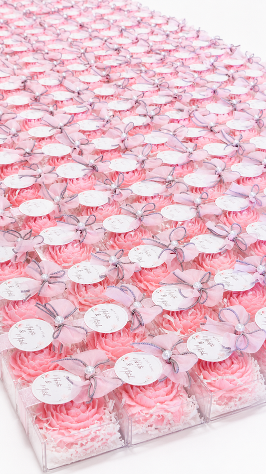 Pink peony favor candles in gift boxes by Moonlight